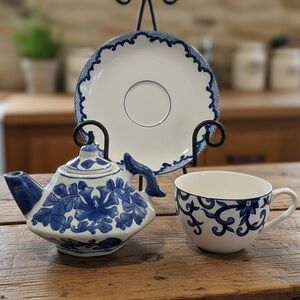 Ralph Lauren Mandarin Blue China Coffee/Tea Cup & Saucer Set Plus Chinese TeaPot